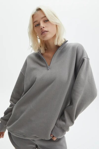 Dyed Gray Zipper Detailed Oversize Sweatshirt MG1933