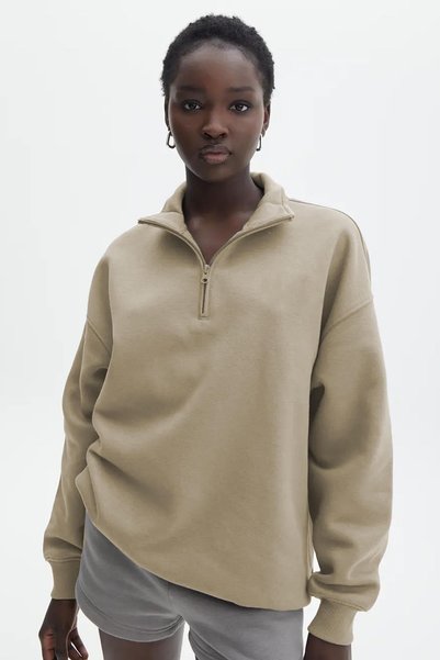 Beige Zipper Detailed Oversize Sweatshirt MG1933