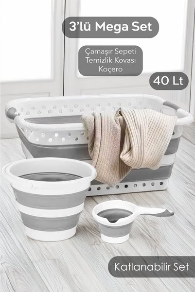 Set of 3 Silicone Folding - Large Size Foldable Laundry Basket Accordion Water Bucket Mug Gray