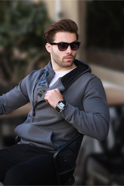 Smoked Zipper Detailed Hooded Sweatshirt 1767