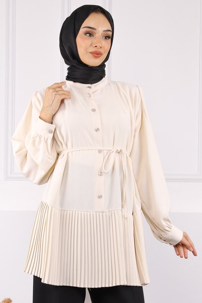 Stone Skirt Pleated Waist Belted Tunic