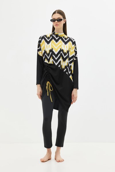 Patterned Relaxed Cut 4-Piece Hijab Swimsuit 6297 Yellow/Black