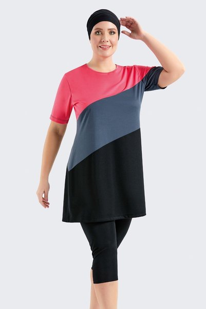 Plus Size Short Sleeve Tights Half Covered Hijab Swimsuit C11206 Black
