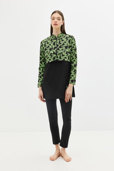 Patterned Gathered Waist 4-Piece Hijab Swimsuit 6220 Green/Black