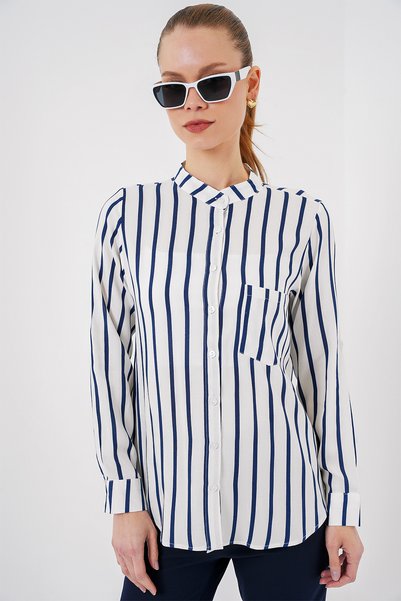 Women's Long Sleeve Striped Shirt 20283 - B.Navy Blue