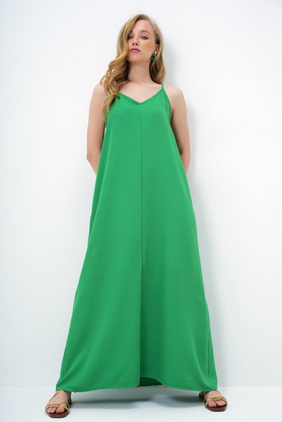 Women's Green Adjustable Strap V-Neck Aerobin Summer Dress Alc-X14067