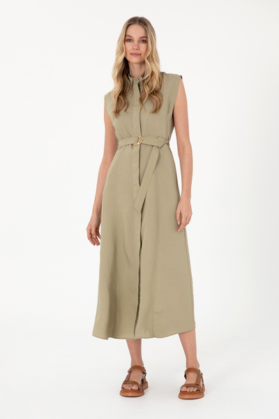 Women's Light Khaki Midi Length Woven Dress 50299167-Vr183