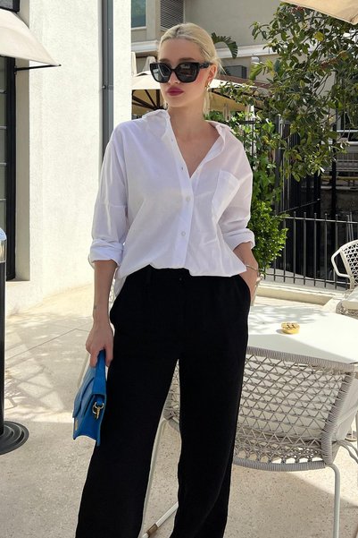 White Oversize Basic Pocket Poplin Shirt Mg1530
