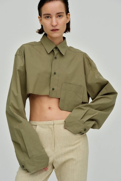 Khaki Pocket Detailed Crop Shirt Mg1644