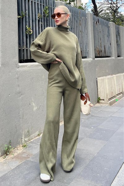Khaki Long Sleeve Knitwear Sweater Trousers Two-Piece Set Mg2173