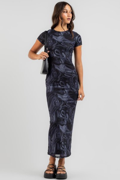 Navy Blue Tie-Dye Pattern Long Dress Mg1849