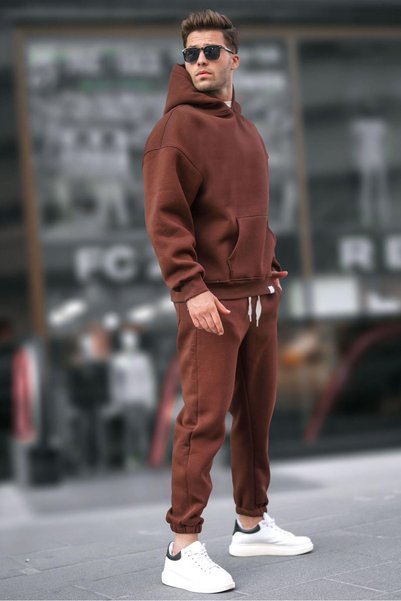 Dark Brown Hooded Basic Tracksuit Set 5925