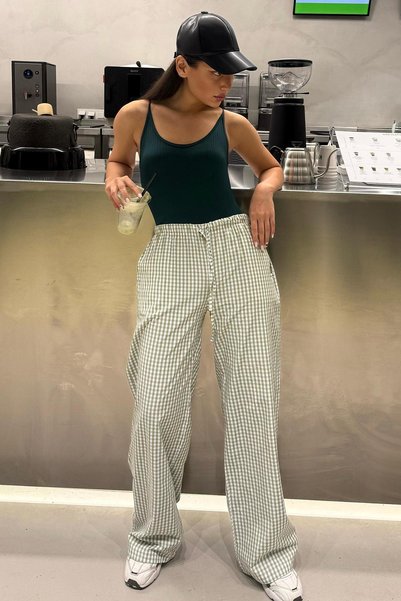 Light Green Gingham Wide Leg Women's Trousers Mg2335