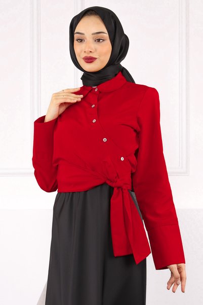 Red Waist Tie Crop Shirt