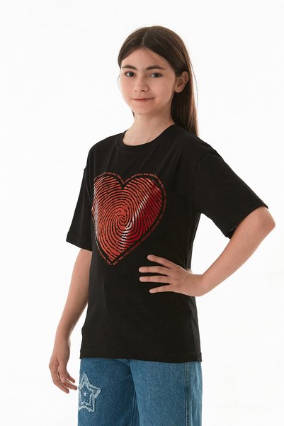 Heart and Love Text Printed Girl's Oversize T-Shirt