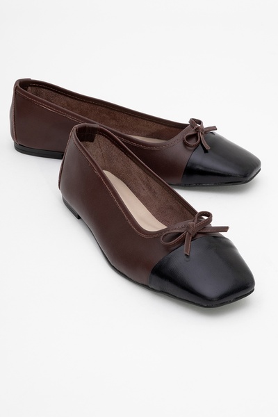 Romy Brown-Black Skin Genuine Leather Blunt Toe Bow Women's Ballerina Shoes