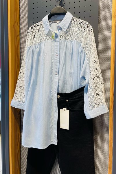 Women's Blue Lace-Detail Cotton Oversized Shirt (Buy 1 Size Smaller)