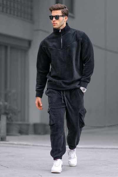 Black Zip-Neck Fleece Men's Tracksuit Set 5931