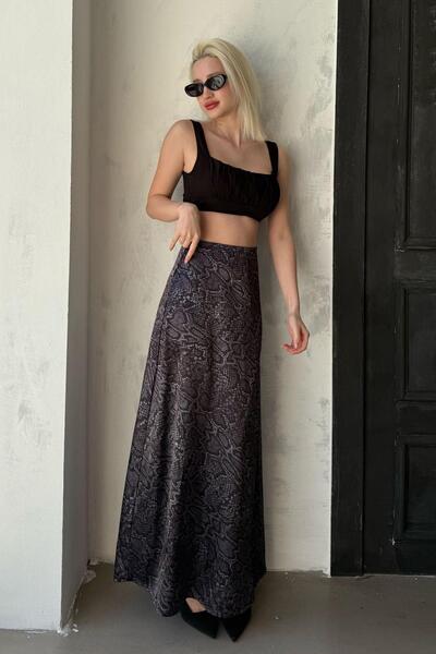 Black Patterned Satin Women's Long Skirt Mg2333