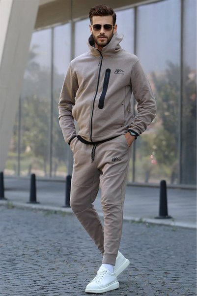 Beige Printed Regular Fit Men's Tracksuit Set