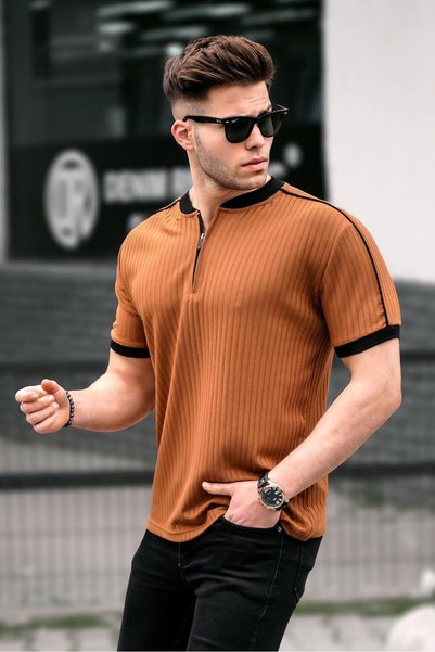 Camel Zipper Collar Men's Cotton T-shirt