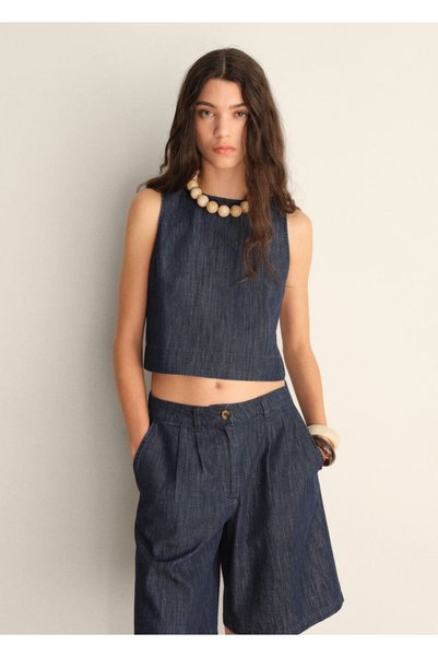 Rinse Wash Denim Crop Blouse