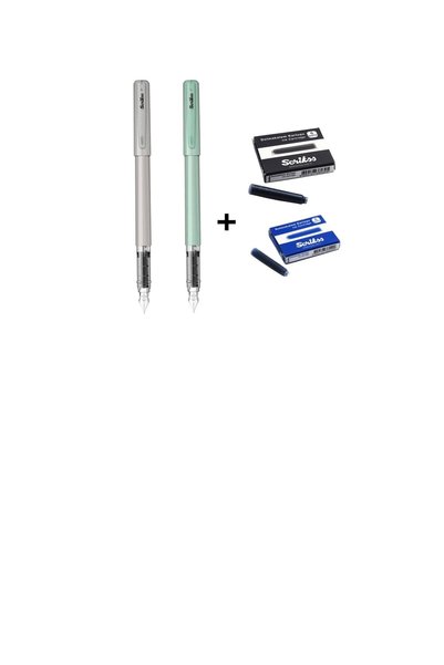 Primeo Fountain Pen Set Mint + Grey + 6 Pcs Blue and Black Cartridges