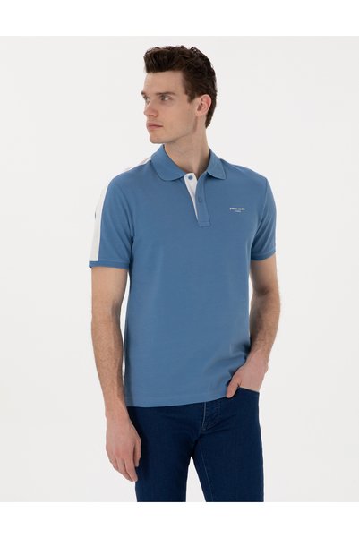 Blue Slim Fit 100% Cotton Buttoned Polo Collar T-Shirt 50310147-Vr036