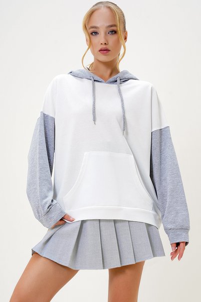 Women's Ecru Raised Color Block Oversize Hooded Sweatshirt ALC-X4977