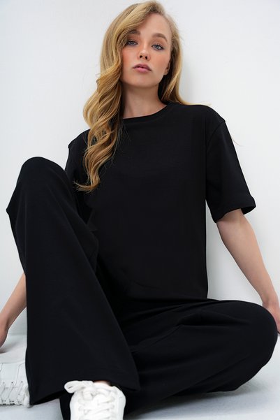 Black Crew Neck Short Sleeve Knitted Blouse and Palazzo Trousers Set Alc-X13878