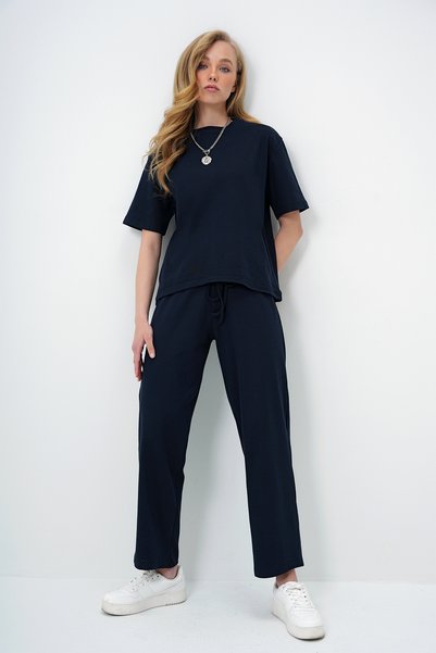 Navy Blue Crew Neck Short Sleeve Knitted Blouse and Palazzo Pants Set ALC-X13878