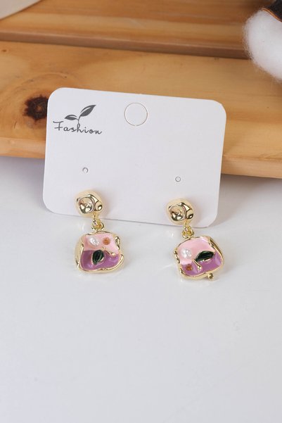 Women's Colorfast Steel Dangle Earrings with Pink Enamel Design