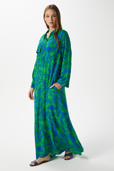 Modest Women's Leaf 100% Viscose Blue Green Front Buttoned Long Dress