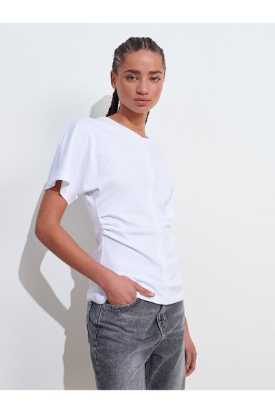 31585 100% Cotton Drape Detailed T-Shirt-White