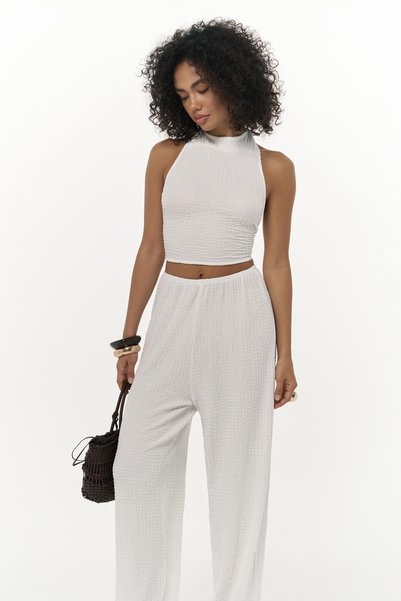 Ayshe Tied Ecru Crop Trousers Set