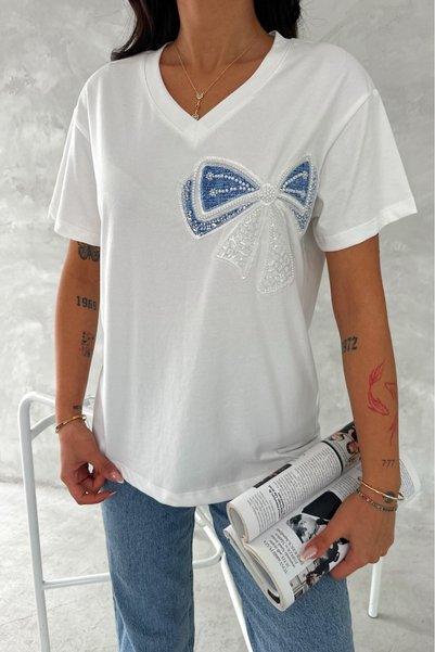 Women's White Sewn Beads and Sequins Embroidered Bow Detailed 100% Cotton T-Shirt