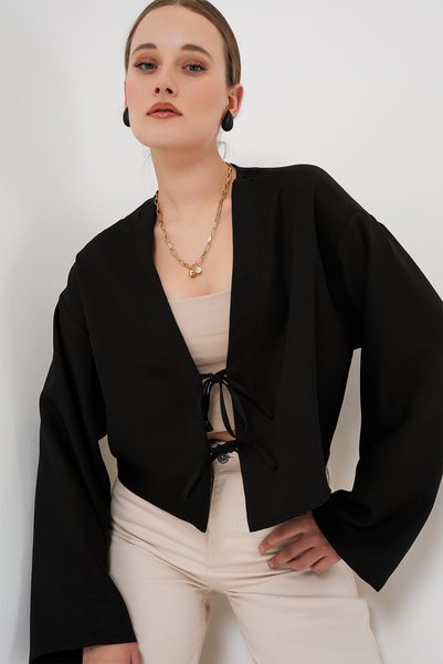 Tied Front Linen Kimono 960 - Black