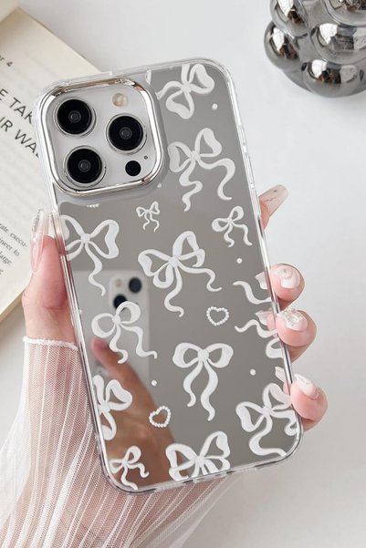 Apple iPhone 16 Pro Max Compatible Mirror Case White Bow Pattern Shockproof Cover
