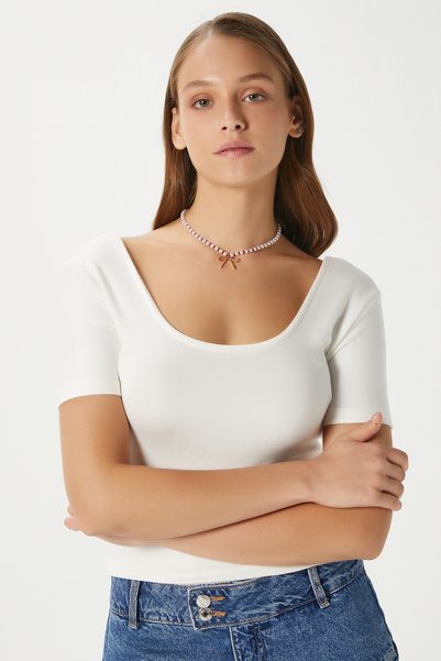 Women's Favor Lux Touch Soft Texture U-Neck Ecru Blouse