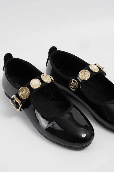Women's Black Coin Buckle Patent Leather Ballerinas Byndpt01