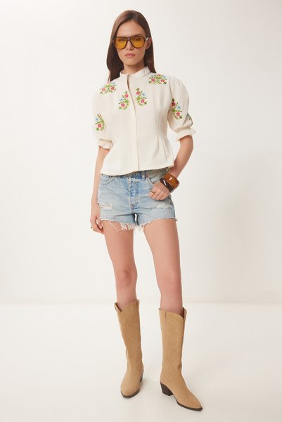 Floral Embroidered Linen Shirt Cream Lqs0013