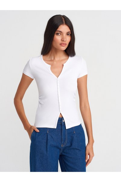 31838 Button Short Sleeve Top-White