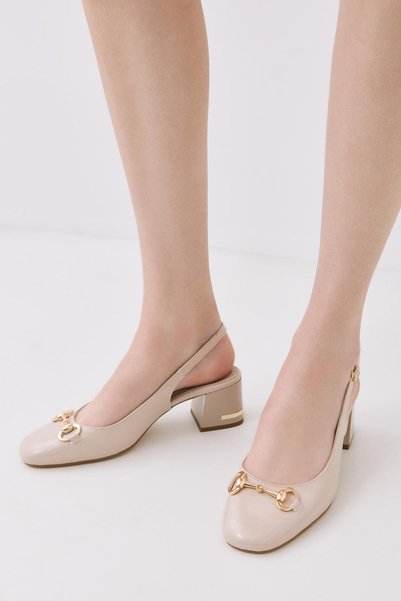 Women's Patent Leather Beige Buckle Open Back Heeled Shoes