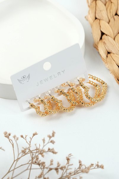 Women's Yellow Textured Hoop Earrings Set of 3 - Fade Resistant Brass