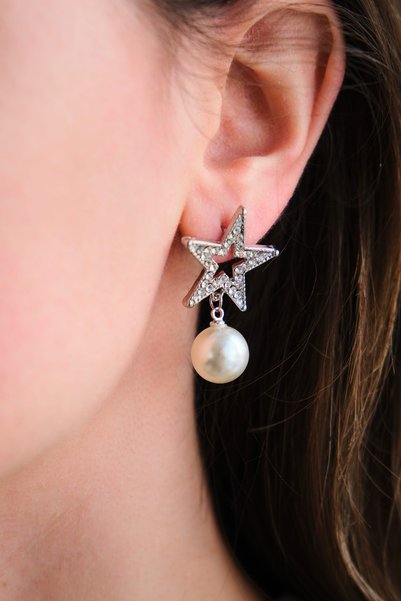 Women's Silver Star Zircon Stone Pearl Dangle Earrings
