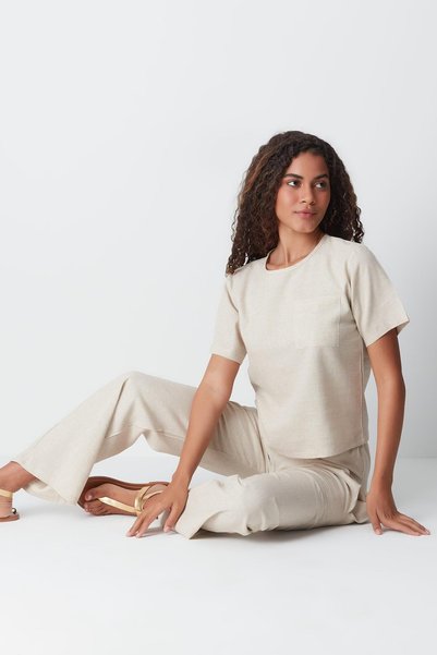 Linen Short Sleeve T-Shirt Set 9161 Beige