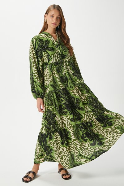 Modest Alessi 100% Viscose Maxi Length Green Ecru Black Layered Balloon Sleeve Long Summer Dress