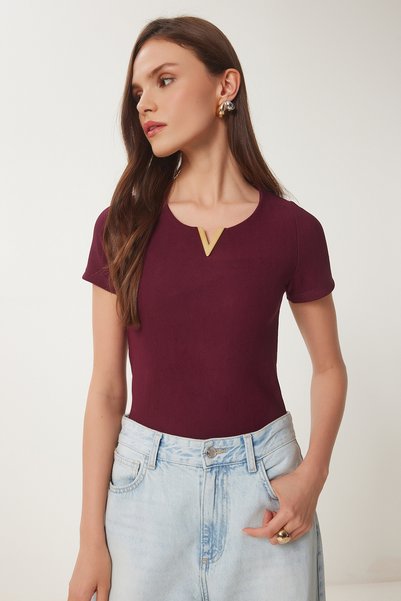 Women's Burgundy Gold Accessory Ribbed Knitted Blouse Zv00297