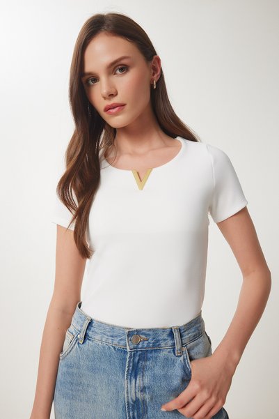 Women's Bone Gold Accessory Ribbed Knitted Blouse Zv00297