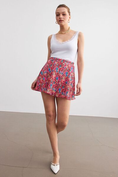 Women's Pink Flower Pattern Pleated Mini Length Skirt